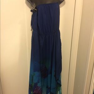 Navy blue Floral (strapless) maxi dress.